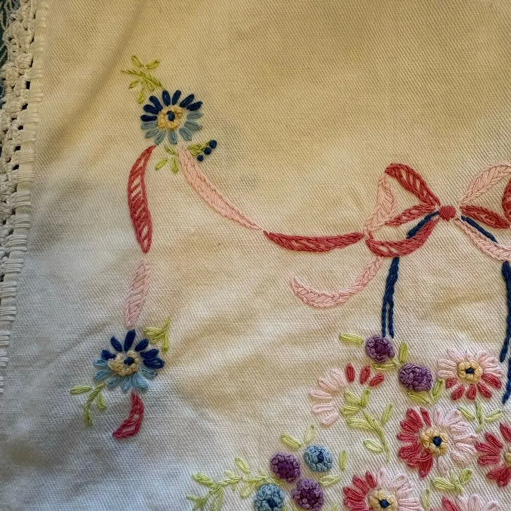 Embroidered Dresser Scarf Table Runner Vtg Basket Flowers Ribbon 30x13 White